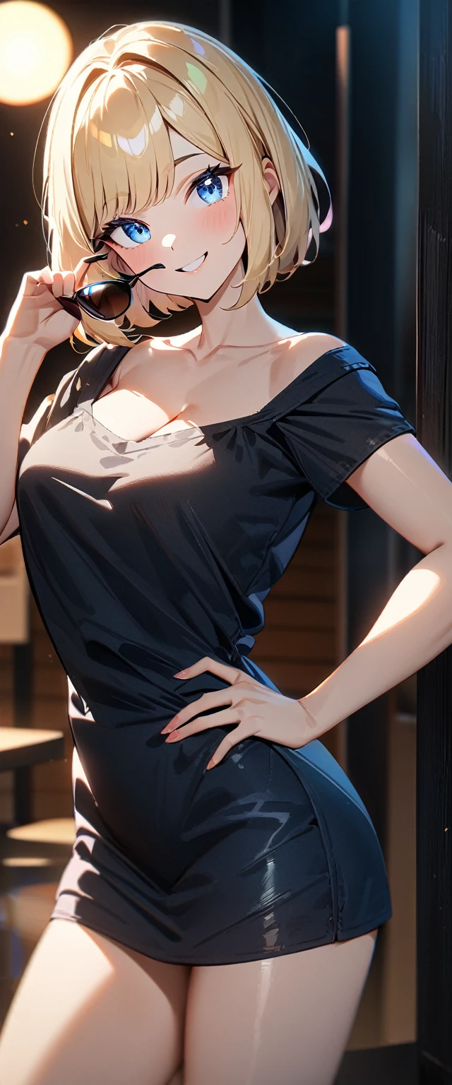 (((One girl))), blond hair, ((sunglasses, hand to sunglasses)), ((one hand on hip)), (bob cut:1.3)), breasts, cleavage, (cowboy shot), standard body, (looking at viewer), oversized clothes, puffy long sleeves, collarbone, ((crossdressing:1.3)), black cloth, teenager, head tilt:1.3, (((blue eye))), ((happy smile)), (((anime style))), (best quality, 4k, 8k, highres, masterpiece:1.2, ultra-detailed, ultra-detailed eyes, HDR, UHD, studio lighting, ultra-fine painting, sharp focus, physically-based rendering, extreme detail description, professional, vivid colors, bokeh), ((Highest quality, Best image quality, Ultra-high resolution, Ultra-high resolution, solo, Strong eye highlights)), Depth of written boundary, Natural soft light, attractive, Beautiful Face, Cleanliness, Pure Face, nedium chest, Beautiful Face, Perfect Fingers, Perfect hands, Perfect body, Perfect Face, Shine a light into your eyes, Perfect Anatomy