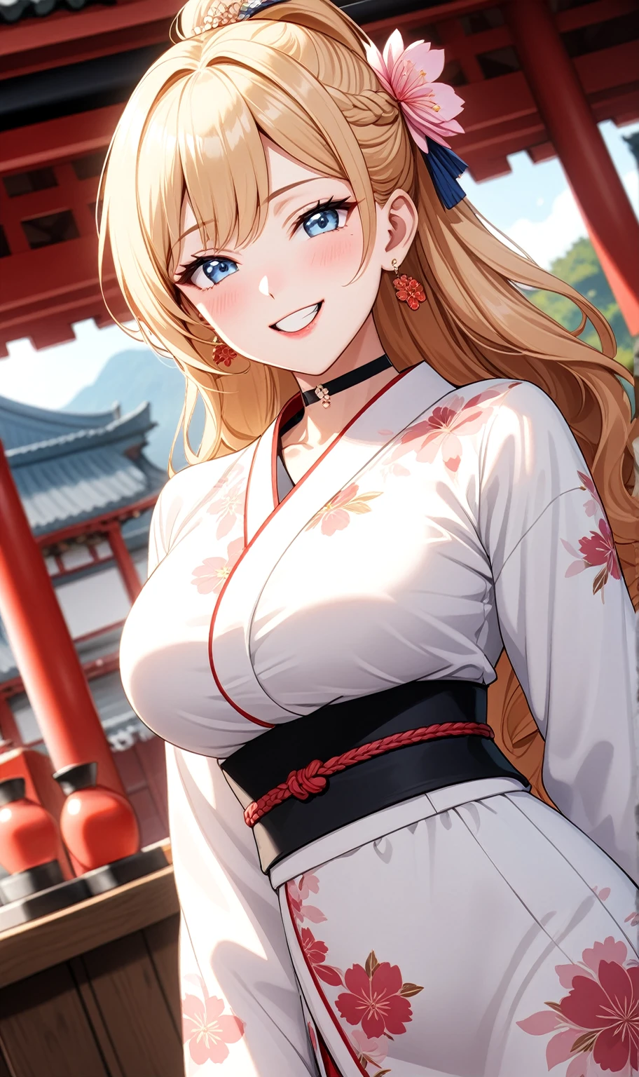 ((One personの女性)), Beautiful Face, (Laughing embarrassedly), ((cheerful grin:1.2)), ((Wink:1.8)), (head tilt:1.3), Laugh with your mouth wide open, upper teeth, looking at viewer, ((Bright red cheeks:1.2)),Glossy Red Lips,noon, Shrine festival stalls, Glossy red lips, Shining Face, ((Anime style background)),masterpiece, Highest quality, so beautiful,up to date, Complex details, (Pink long nails), (nail art), (ring),(bracelet),(Floral choker),AI-generated, Complex,High resolution, Highest quality, super high quality,3D Images、3D Images,One person,Blonde long hair,(High Ponytail), (wavy hair), Anime woman posing for a photo, ((Fine grain、Light blue eyes、Shining Eyes:1.3)), (Squint your eyes:1.1),a hyperRealistic , hyperRealistic , Realistic,Long and blonde anime woman, Smooth anime CG art, Pink large floral patternが刺繍された豪華な着物を着た女性, (White long sleeve kimono),(Pink large floral pattern) ,Long flower hair ornament,Earrings,Mature Body,(Big Breasts:1.1),Tall,Abdominal muscles,Tight waist, (dutch angle:1.3),