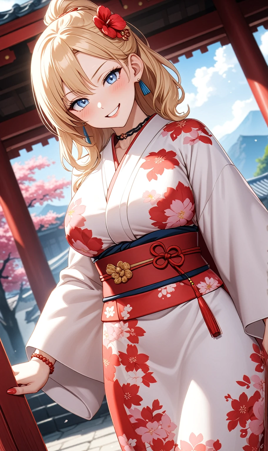 ((one girl)), hyper detailed, absurdres, 8K,Cute face, Beautiful Face, (Laugh shyly), ((teasing smile:1.8)), ((Wink:1.8)), (Laugh with your mouth wide open),(Tilt your head:1.3), View your viewers, ((Bright red cheeks:1.6)),Glossy Red Lips, ((Big Breasts:1.5)) night, Shrine festival stalls, (Brighten your face), ((Anime style background)),masterpiece, Highest quality, so beautiful,Latest, Complex details, (Pink long nails), (nail art), (ring),(bracelet), (Floral Choker),AI-generated, Complex,High resolution, Highest quality, super high quality,3D Images、3D Images,One person,Blonde long hair,(High Ponytail), (Wavy Hair), Anime woman posing for a photo, ((Fine grain、blue eyes、Shining Eyes:1.6)), (Squint your eyes:1.1),a hyperRealistic , hyperRealistic , Realistic,Long blonde anime woman, Smooth anime CG art, Pink large floral patternの刺繍が入った、A girl in a gorgeous kimono, ((White long-sleeved kimono)),(Pink large floral pattern) ,Long flower hair ornament,Floral Earrings,Mature Body, expensive,Abdominal muscles,Tight waist,((Zoom in on face:2.1)), (front view),