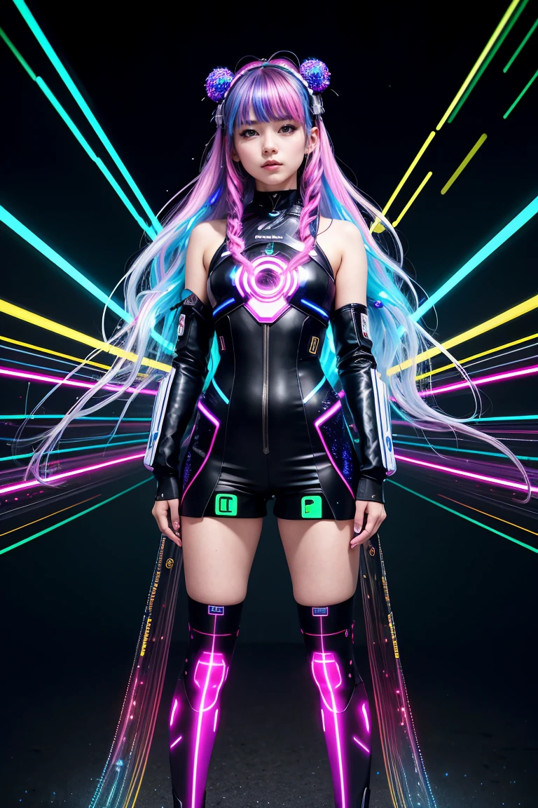 good quality, 8k Ultra HD, Full body, have a cyber saber, a fascinating 20-year-old woman with a futuristic beauty, that seems to transcend time and space, intricately interwoven into its core, wrapped in the cybernetic suit, move fluidly and precisely, Her flowing hair resembles streams of neon lights, It casts a shining light, which gives her look a touch of cyberpunk brilliance, Each strand of hair is carefully decorated with holographic patterns, that shimmer and change, Create a constantly changing play of colors, By Yukisakura, muito detalhado,