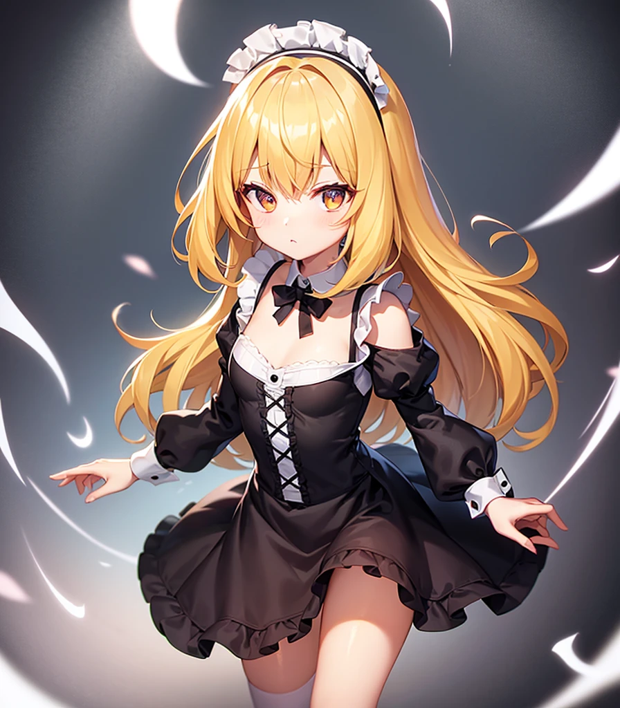 ((Maid)),Cute little ,Tiny ,Small girl,,Childish face, Very fine clean face,Top quality, Big eyes,Straight Hair,Yellow hair,Crimson Eye,(Dark Room), Subtle light, Natural light,Soft lighting,Light from directly behind, (Are standing), Cute pose, (Open your hands), Showing the whole body,Front view,Black background