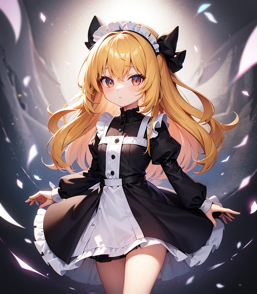 ((Maid)),Cute little ,Tiny ,Small girl,,Childish face, Very fine clean face,Top quality, Big eyes,Straight Hair,Yellow hair,Crimson Eye,(Dark Room), Subtle light, Natural light,Soft lighting,Light from directly behind, (Are standing), Cute pose, (Open your hands), Showing the whole body,Front view,Black background