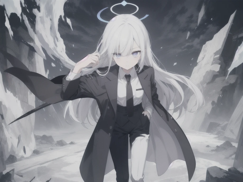 (Highest quality), (High resolution), (masterpiece), (Super detailed), (Highest quality), (High resolution), (masterpiece), (Super detailed), (Bright saturation), Thigh-length hair, White Hair, Heterogeneous eyes: purple left eye and blue right eye, Blue Archive Art Style, One girl, Swinging a black sword in his right hand, Left hand in pocket, girl, (Black long coat, White shirt, Black tie, Black trousers, suit, Black halo) whole body, Countless swords of light are stuck in the ground., Magic circle in the background, Expressionless, Vivid saturation