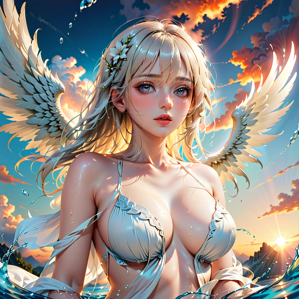 (half Body Image: 2.0),Beautiful young angel with long white hair and wearing a sheer white robe,(Large angelic wings spread: 1.4),Angel with porcelain-like ethereal skin, floating in the air, shot from below emerging from the clouds with a stunning sunset sky in the background,(Highest Quality, 4k, 8k, High Resolution, Masterpiece: 1.2),Ultra Detailed,(Realistic, Photorealistic, Photorealistic: 1.37),Detailed face, Detailed eyes, Detailed lips, Highly detailed facial features, Porcelain skin, Dramatic lighting, Dramatic sky, Cinematic, Fantasy, Digital art, Exquisite details, Graceful, Heavenly, ice and water,ice,water,water ring