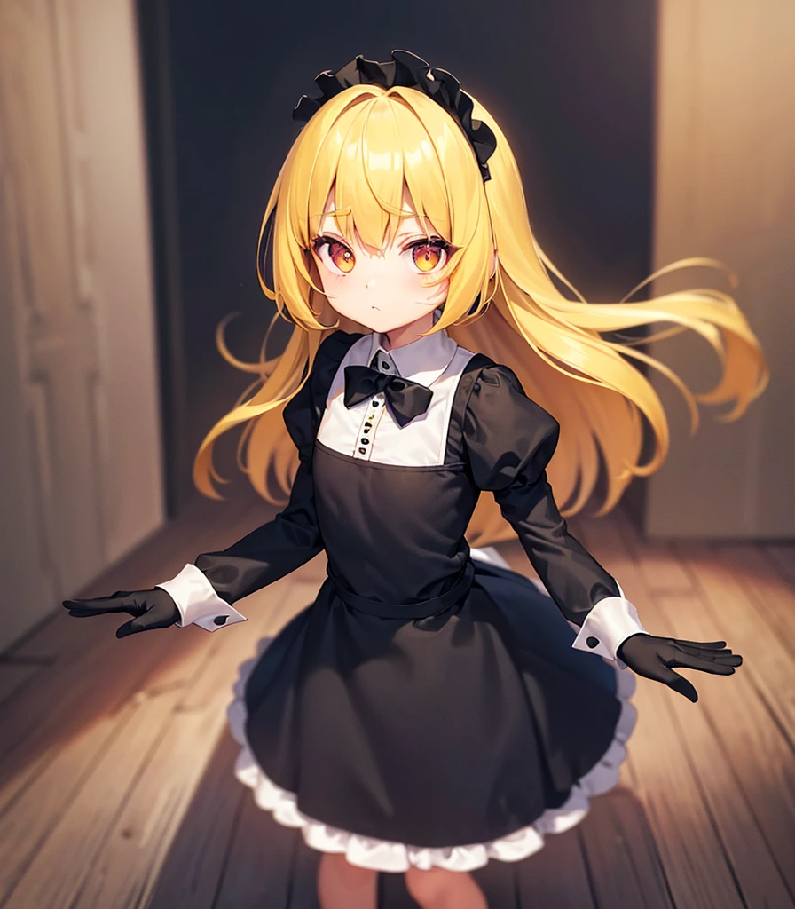 ((Maid)),Cute little ,Tiny ,Small girl,,Childish face, Very fine clean face,Top quality, Big eyes,Straight Hair,Yellow hair,Crimson Eye,(Dark Room), Subtle light, Natural light,Soft lighting,Light from directly behind, (Are standing), Cute pose, (Open your hands), Showing the whole body,Front view,Black background