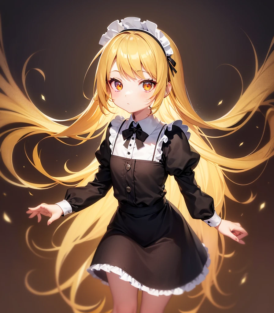 Wolf maid woman, wears black maid clothes with a short black maid skirt showing her panties, has messy long fuzzy blonde hair, has red eyes, has big breasts.