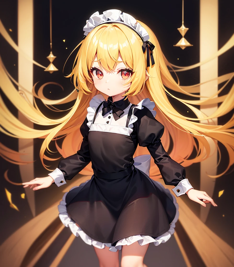 ((Maid)),Cute little ,Tiny ,Small girl,,Childish face, Very fine clean face,Top quality, Big eyes,Straight Hair,Yellow hair,Crimson Eye,(Dark Room), Subtle light, Natural light,Soft lighting,Light from directly behind, (Are standing), Cute pose, (Open your hands), Showing the whole body,Front view,Black background