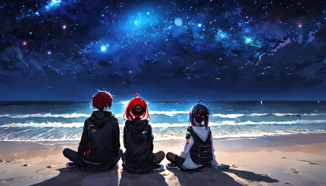 Sitting and looking at the sea2people、Boys and Girls、ager、cyber punk、Red eyes、Glowing Eyes、Beach、Starry Sky