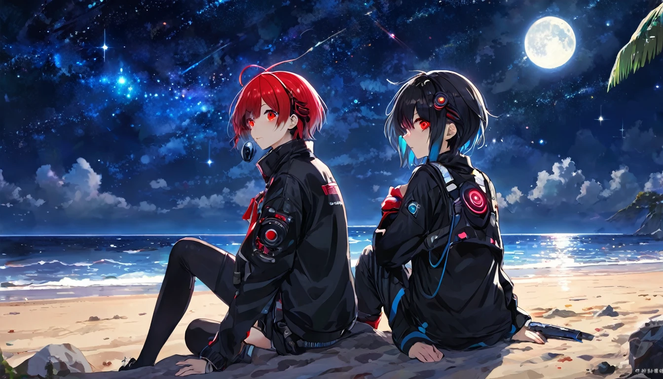 Sitting and looking at the sea2people、Boys and Girls、ager、cyber punk、Red eyes、Glowing Eyes、Beach、Starry Sky