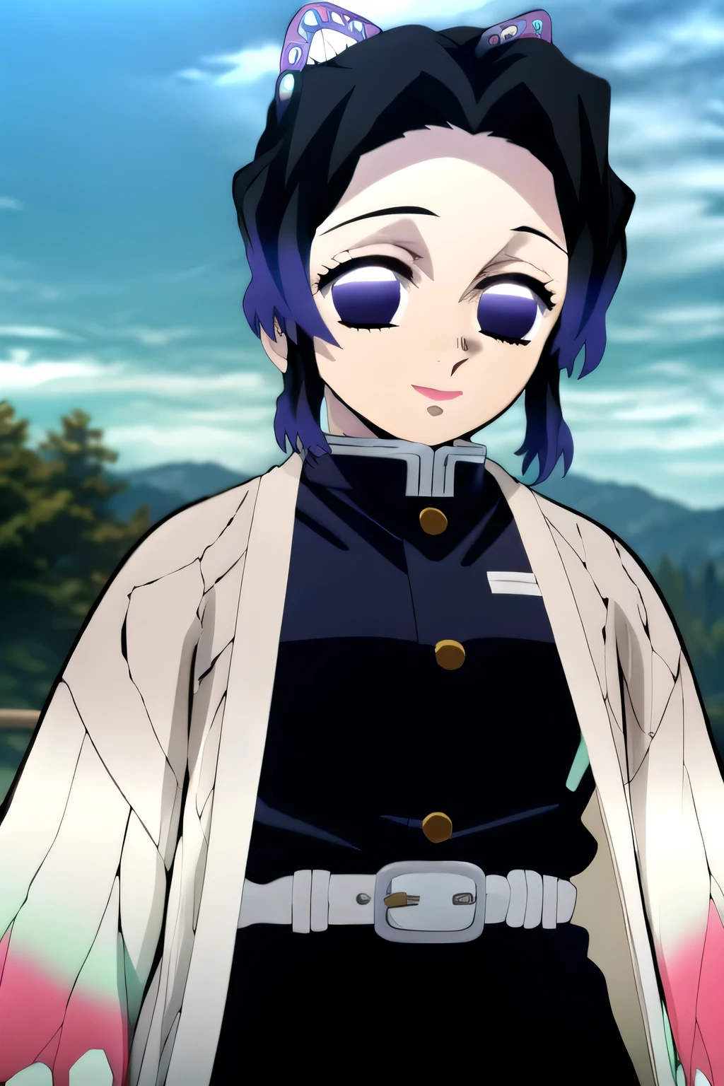 EFT_Shinobu, 1girl, demon slayer uniform, kochou shinobu, butterfly hair ornament, solo, hair ornament, outdoors, purple hair, multicolored hair, black hair, purple eyes, sword, smile, weapon, haori, looking at viewer, japanese clothes, day, no pupils, gradient hair, upper body, empty eyes, short hair, sky, jacket, katana, blurry, cloud, blurry background, belt, blue sky, bangs, parted bangs, black jacket, closed mouth, sidelocks