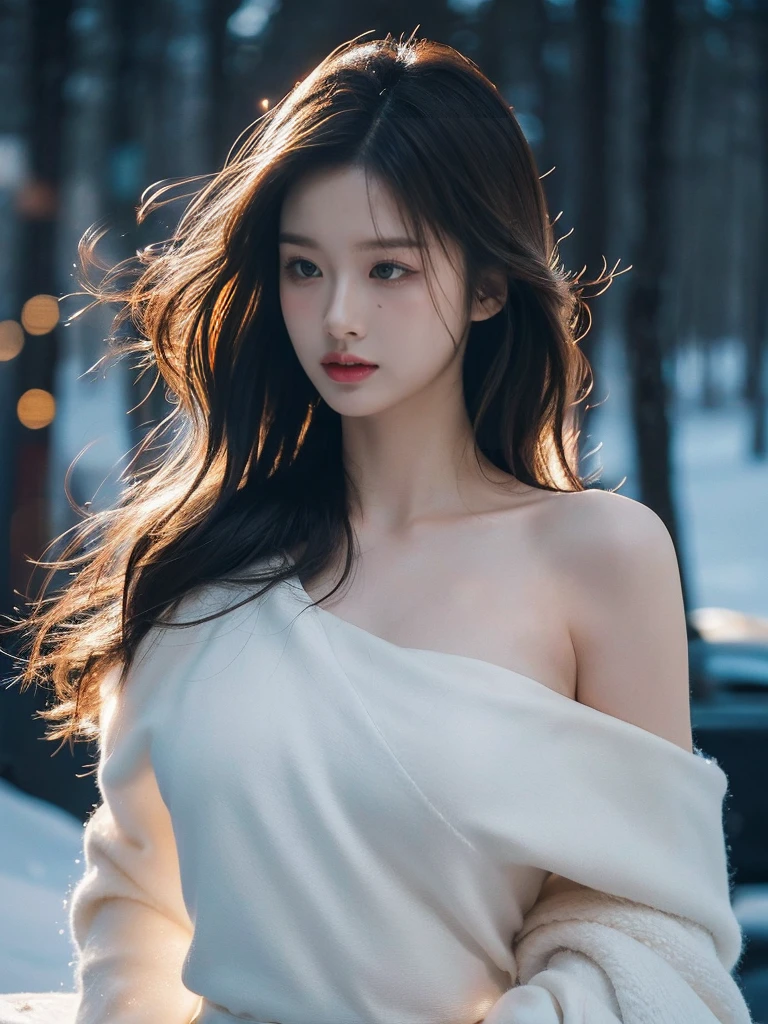 Best picture quality,Masterpiece level,Ultra-high definition,Ultimate realism(1.4),A sexy woman,Wavy shoulder,Glowing skin,Cold and dark environment,Deep shadows,Understated cold light。
