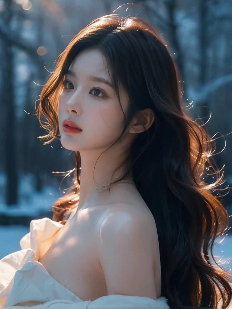 Best picture quality，Masterpiece level，Ultra-high definition，Ultimate realism（1.4），A sexy woman，Wavy shoulder，Glowing skin，Cold and dark environment，Deep shadows，Understated cold light。