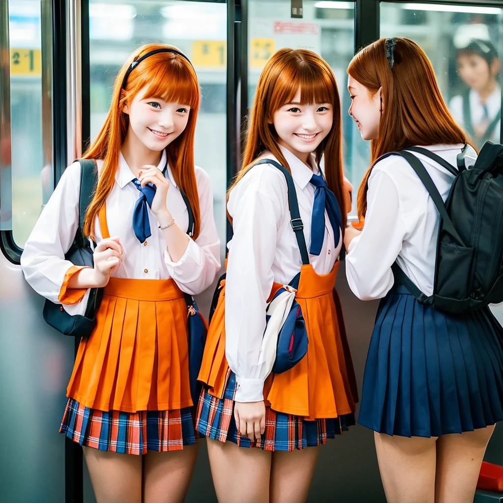 Two cute young school girls standing flirting, redhaired 15 year old girl and 13 year old orange haired girl inside of a japanese train. Tight fitting . View from below.
