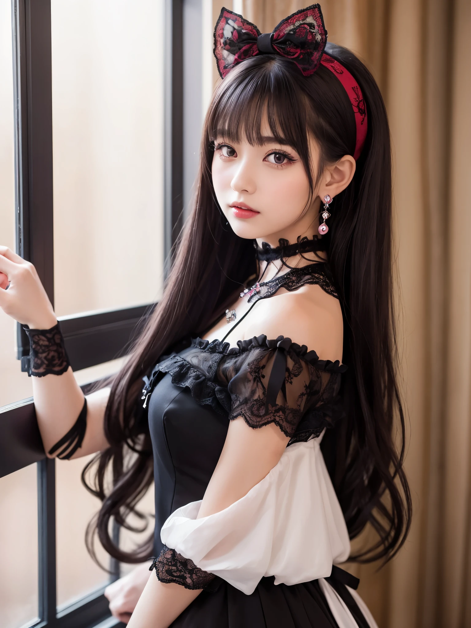 Create a highly detailed portrait of a young woman dressed in a Gothic ta outfit. She has long, straight, dark purple hair with bangs, and her hair is adorned with a red and black lace headband featuring a large red bow on the side. Her eyes are large and expressive, with violet irises, and she has delicate makeup with pink blush and subtle eye shadow. She wears intricate accessories, including ruby-red drop earrings and a black lace choker with a red bow. She also has a pearl necklace with a purple gemstone pendant. Her outfit consists of a black and white dress with ruffled sleeves, a fitted bodice with lace-up details, and a large black bow on the front. The background is softly lit by natural light coming through a window, creating a warm and inviting atmosphere. The lighting highlights the texture of her outfit and the shine of her hair. The image should capture the elegant and delicate nature of her appearance, emphasizing her poised and graceful demeanor.
