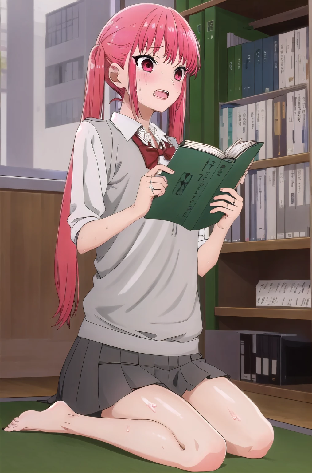 masterpiece, best quality, ayasakiremi, red eyes, twintails, open mouth, upper teeth, uniform, school, high school girl, bare legs, sitting on desk, weddingdress, red hair, holding books,(sweating), tremor,[despair|scared], Wearing a dog collar, Naughty tattoo on the belly 