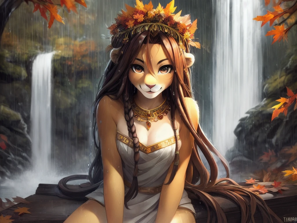 (tsampikos), lion girl with detailed fur, floral headdress, sitting on a wooden bridge in a forest near a waterfall, raining, dripping wet, autumn leaves, looking at viewer, detailed eyes, happy, good anatomy, long dreadlock hair, best quality, uploaded to e621, (extremely detailed), cinematic lighting, depth of field,