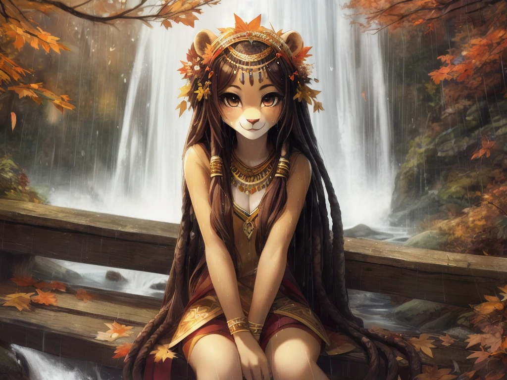 (tsampikos), lion girl with detailed fur, floral headdress, sitting on a wooden bridge in a forest near a waterfall, raining, dripping wet, autumn leaves, looking at viewer, detailed eyes, happy, good anatomy, long dreadlock hair, best quality, uploaded to e621, (extremely detailed), cinematic lighting, depth of field,
