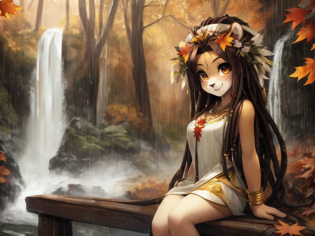 (tsampikos), lion girl with detailed fur, floral headdress, sitting on a wooden bridge in a forest near a waterfall, raining, dripping wet, autumn leaves, looking at viewer, detailed eyes, happy, good anatomy, long dreadlock hair, best quality, uploaded to e621, (extremely detailed), cinematic lighting, depth of field,