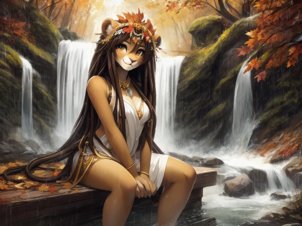 (tsampikos), lion girl with detailed fur, floral headdress, sitting on a wooden bridge in a forest near a waterfall, raining, dripping wet, autumn leaves, looking at viewer, detailed eyes, happy, good anatomy, long dreadlock hair, best quality, uploaded to e621, (extremely detailed), cinematic lighting, depth of field,