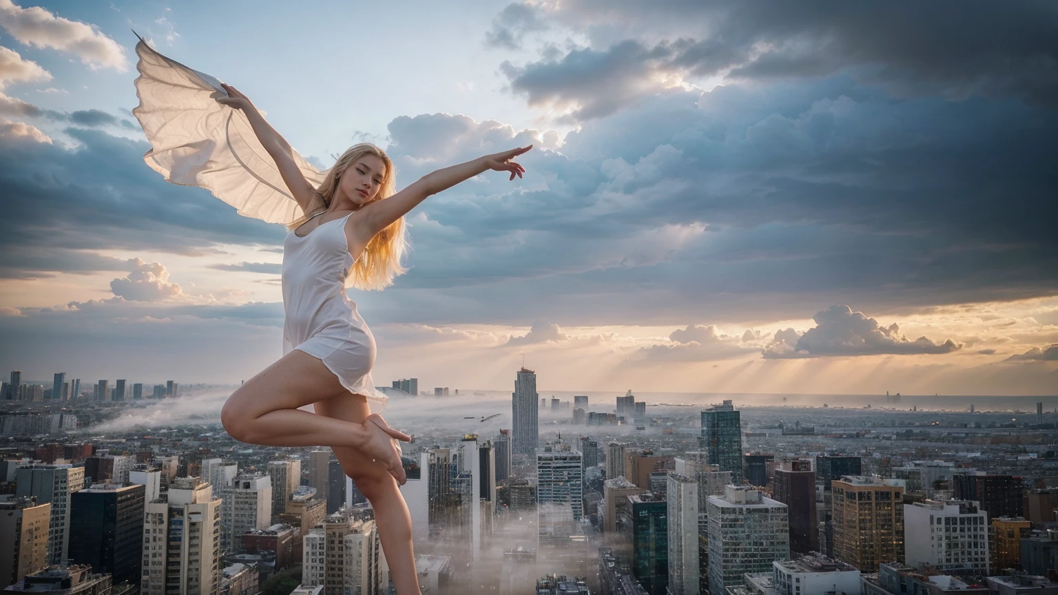 The evening sky is adorned with a young woman of Thai and Chinese descent, her long, beautiful blonde hair exuding charm. She floats high above the city with a posture full of energy, one arm extended forward while the other stretches back, poised for action in mid- air. She wears a simple yet elegant white slip dress that emphasizes her beauty and purity. Her magnificent white wings, symbolizing ethereal beauty, spread wide above her worldly form. Her expression reveals determination and focus, driven by unseen goals or aspirations for the future.\n\nThe color palette is warm, with golden tones surrounding her attire contrasting against the cooler hues of the city below. This creates a captivating effect, drawing the viewer's gaze towards her figure. The atmosphere is grand and expansive, evoking a sense of adventure and risk due to her elevated position in the sky. Buildings obscured by light mist fade beneath her, hinting at a vast urban landscape. The perspective is slightly above and behind her, looking down towards the distant streets below.