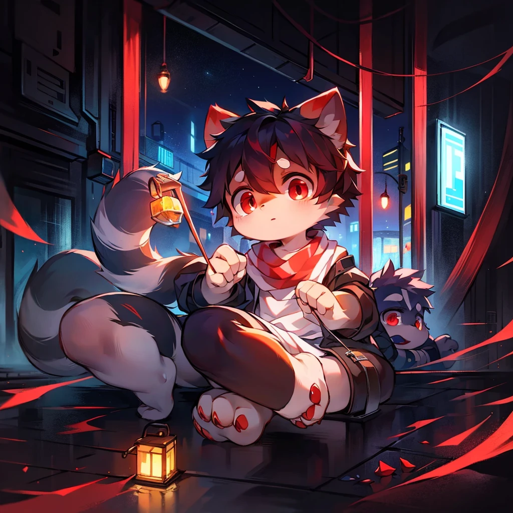 highest image quality，delicate painting style，delicate hook line，Masterpieces，thin skin，delicate hair，delicate hands，delicate eyes，normal eyes，Common raccoon ears，woolly，red eyes，elegant，（（white scarf）），raccoon style，shota，cyberpunk, red pupils, Night view of the city., , dappled lights and shadows, Chico，shota，There are shining eyes of God，White skin，black jacket，Alone，Alone person