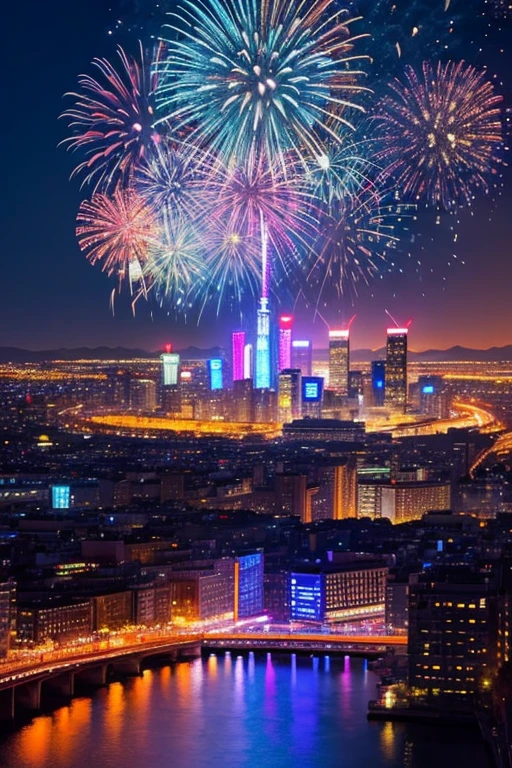 Highest quality、Landscape painting、firework、Neon lights in the city