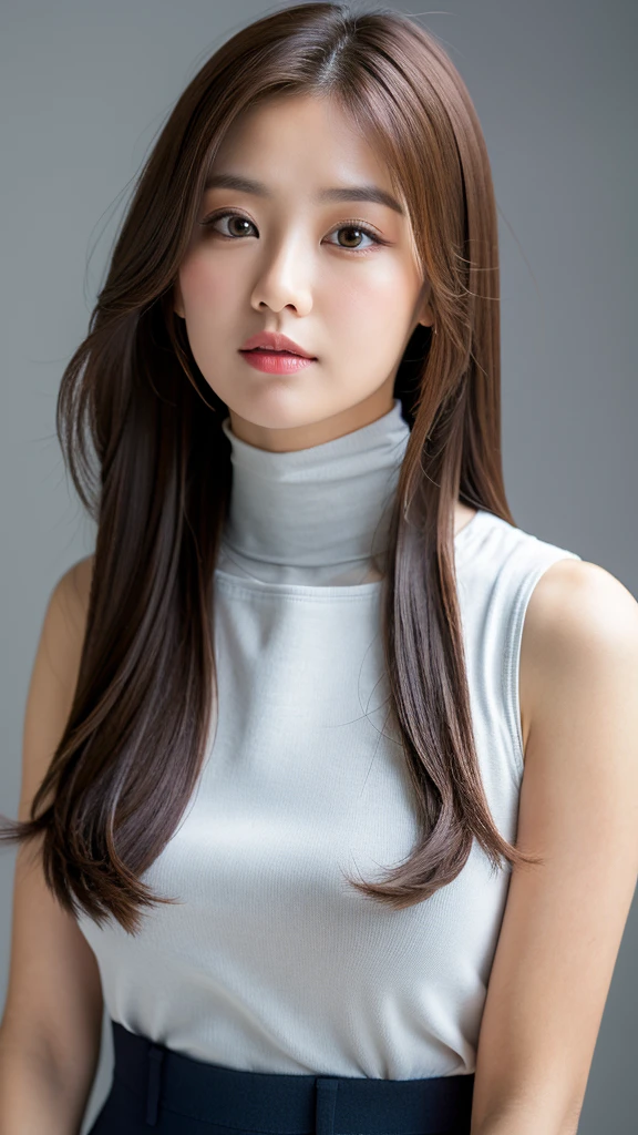 (Detailed face),(From the crotch up),chest,cute,Sleeveless and(turtleneck)White silky clothes,4K,Ultra-high resolution,(Photorealistic:1.7),Gray background,Long Hair,