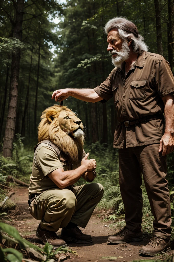 Old man talks to lion, in a forest , cartoony style 