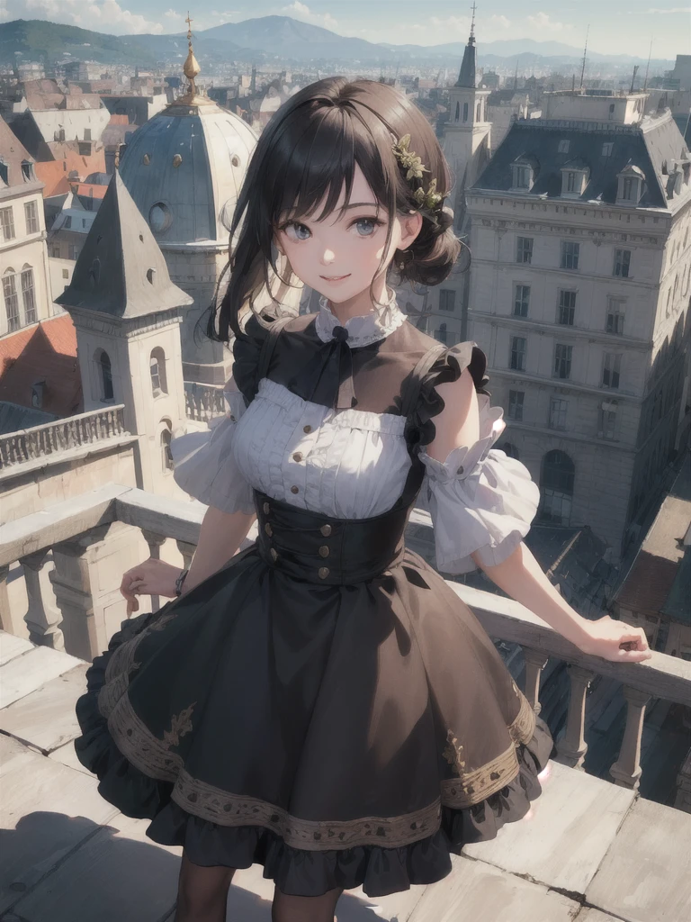 (best quality, masterpiece, RAW photos,Extremely detailed:1.2), 1 Girl ,Looking at the audience, Smile,roof, from above, City,