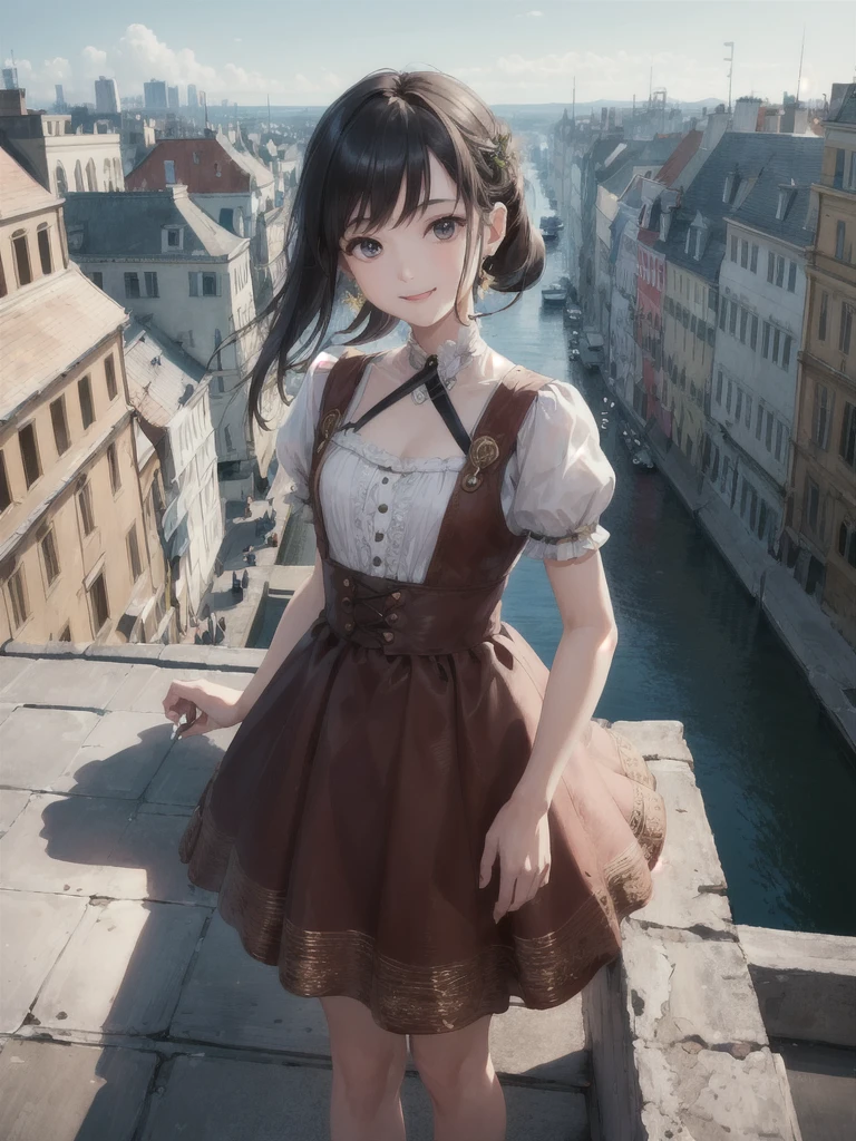 (best quality, masterpiece, RAW photos,Extremely detailed:1.2), 1 Girl ,Looking at the audience, Smile,roof, from above, City,