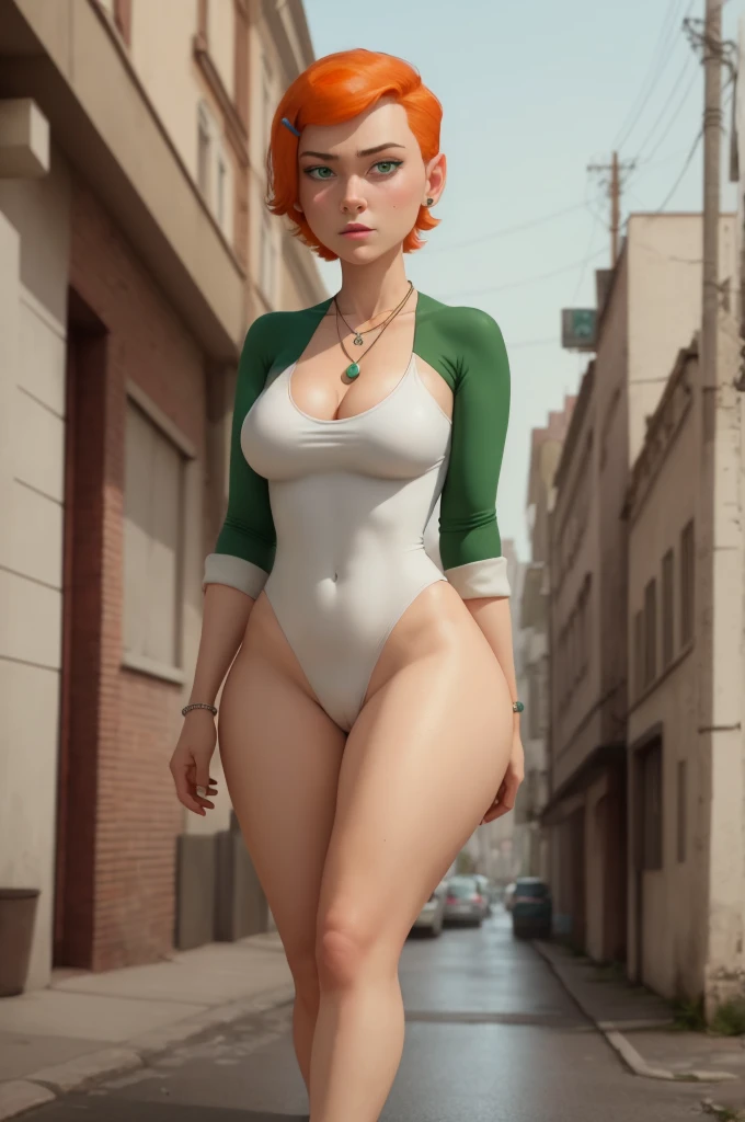 Gwen Tennyson. necklace. ginger. green eyes. huge ass. short haircut. bbw. swimsuit,walking down the street,naked tits covered in cum.