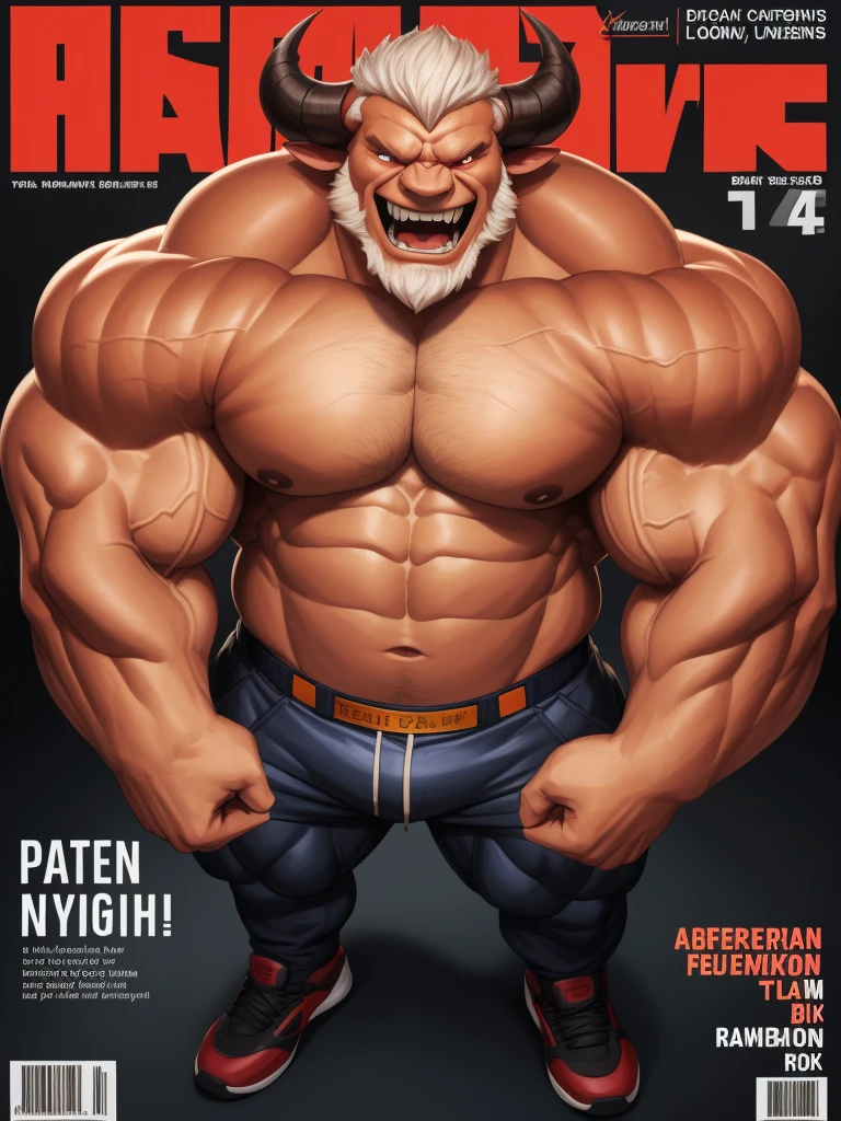 Magazine cover. solo, 1boy, perfect anatomy,devil, drone view, red skin, high shoot, up view, perfect proportion, laugh, sharp eyes, big eyes, angry, devil eyes, horn, devil tail, mad,, perfect fingers, big hand, fingers. Huge Muscular Old man with short hair, shoes ,(white shorts), view from side, pectoral, thick arms, huge pectoral, wide pectoral, white hair, white beards, simple background, masterpiece, semirealistic:1.2, high detailed, 8k, high resolution, perfect center, full view. ((really big muscle, massive muscular, sixpack, thick arms, wide pectoral, super huge muscle, hyper muscular, over sized muscle, huge arms, big arms, huge pectoral))