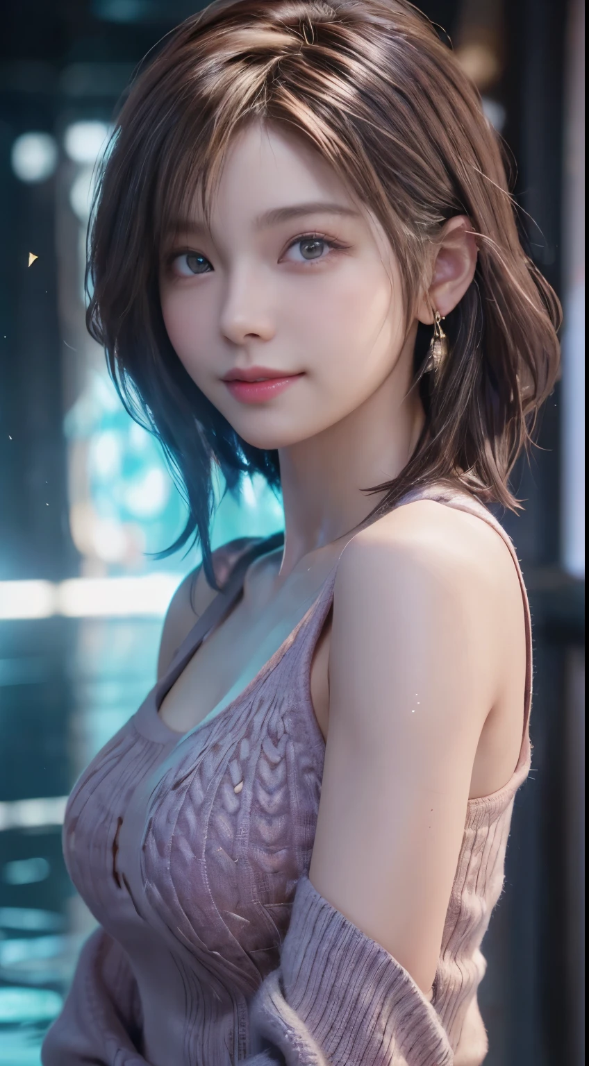 (logo, masterpiece, 8K, Tabletop, RAW Photos, wonderful, 最high quality, Photorealistic and very detailed CG composite 8k wallpaper, high quality, Very detailed, Narrative poem, Particle Effects, Dynamic Effects, Depth of the Boundary, Cinematic Light, Lens flare, Ray Tracing), short hair beautiful young woman, Hair tied back, high detail skin, very fine, fine skin texture, beautiful face, realistic eyes, beautifully detailed eyes, realistic skin, beautiful skin, surreal, smiling eyes, Hair and light eyes, Vibrant, Colorful lights and bokeh. The lighting casts a warm glow on her face and hair, Blue glow, Water surface reflection, Creates a dreamy and magical atmosphere, Big Breasts, Brown Hair, short hair, plump lower lip, pink blush on the cheeks , pink lips, brown tight no-shoulder knit sweater