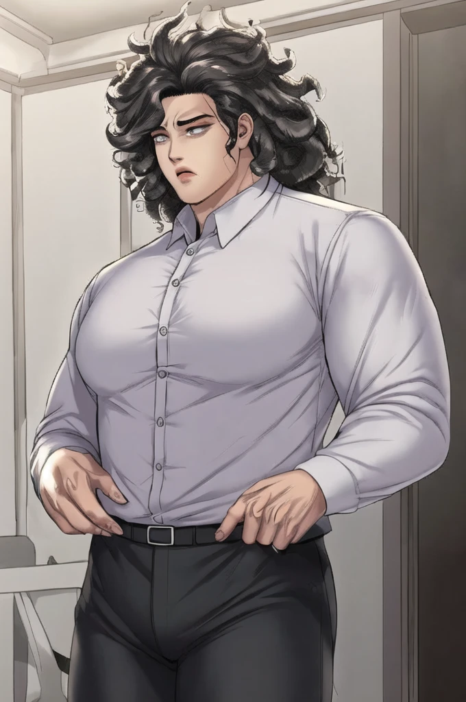 An anime young man, big and curly hair a little full. skinny but not too much. shirt with long sleeves in black, skin a little white but not too much, black pupil, Bblack hair, black pants. a little high, who has five silver rings, one on his thumb, one on the indicator, one in the ring, e na outro one in the ring e indicador. The background could be a normal room