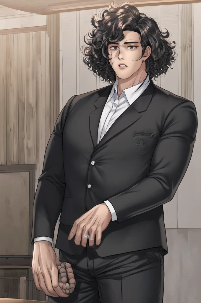 An anime young man, big and curly hair a little full. skinny but not too much. shirt with long sleeves in black, skin a little white but not too much, black pupil, Bblack hair, black pants. a little high, who has five silver rings, one on his thumb, one on the indicator, one in the ring, e na outro one in the ring e indicador. The background could be a normal room
