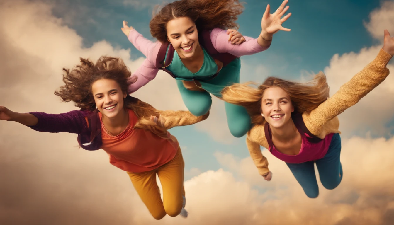 8 teenage girls flying together in the sky 