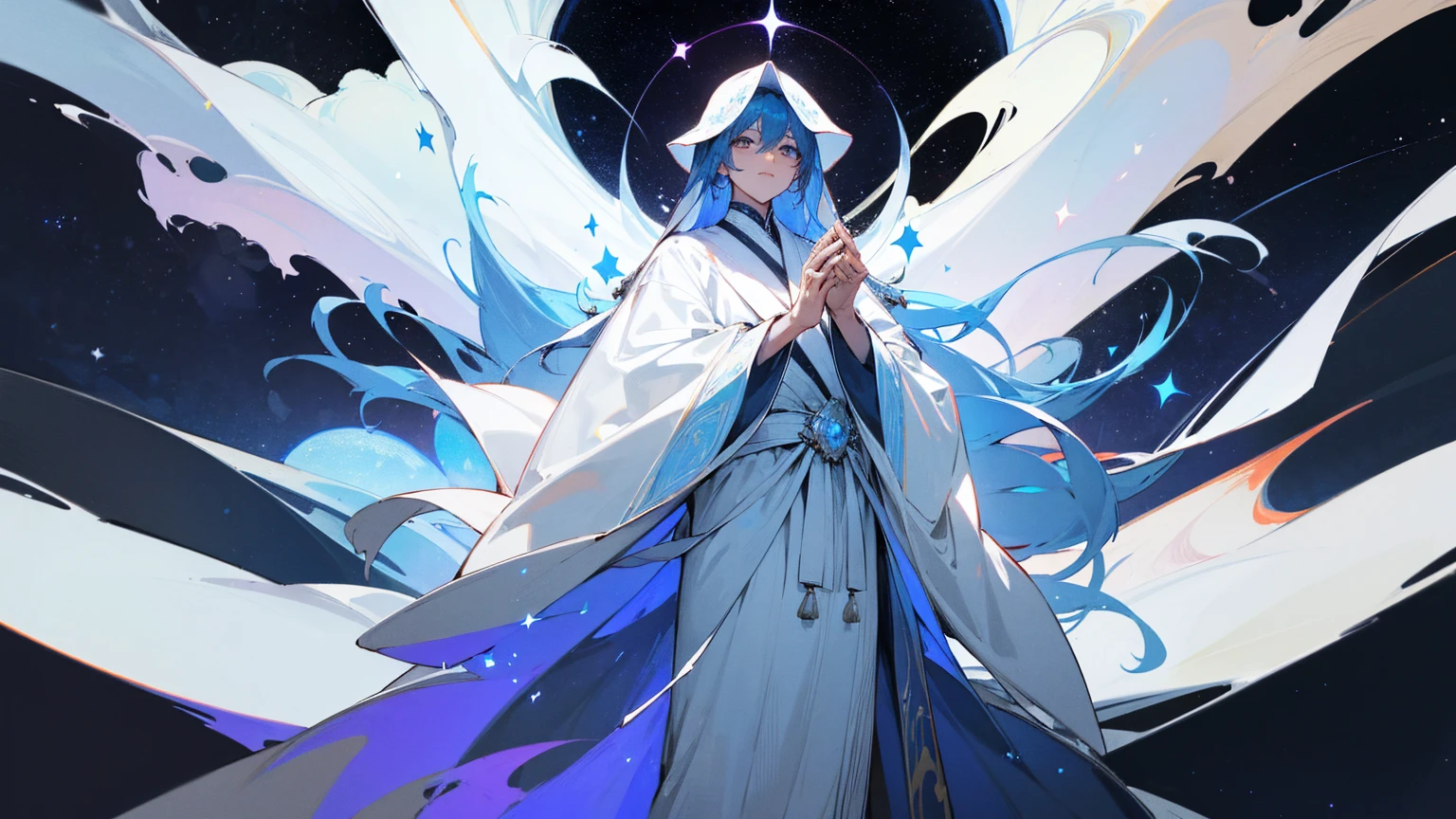 A mysterious figure in a white robe standing at the center of the world, surrounded by countless stars and cosmic nebulae, extending his hands as if creating and shaping the entire world, ,in the style of the stars art group xing xing, 32k, best quality, masterpiece, super detail, high details,