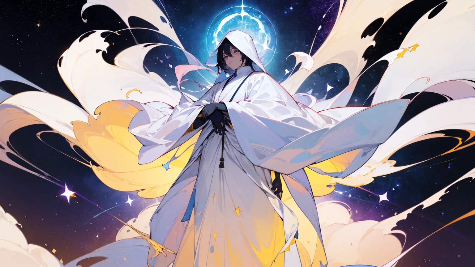 A mysterious figure in a white robe standing at the center of the world, surrounded by countless stars and cosmic nebulae, extending his hands as if creating and shaping the entire world, ,in the style of the stars art group xing xing, 32k, best quality, masterpiece, super detail, high details,
