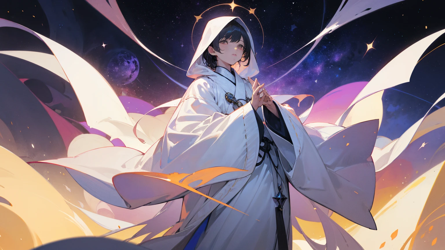A mysterious figure in a white robe standing at the center of the world, surrounded by countless stars and cosmic nebulae, extending his hands as if creating and shaping the entire world, ,in the style of the stars art group xing xing, 32k, best quality, masterpiece, super detail, high details,