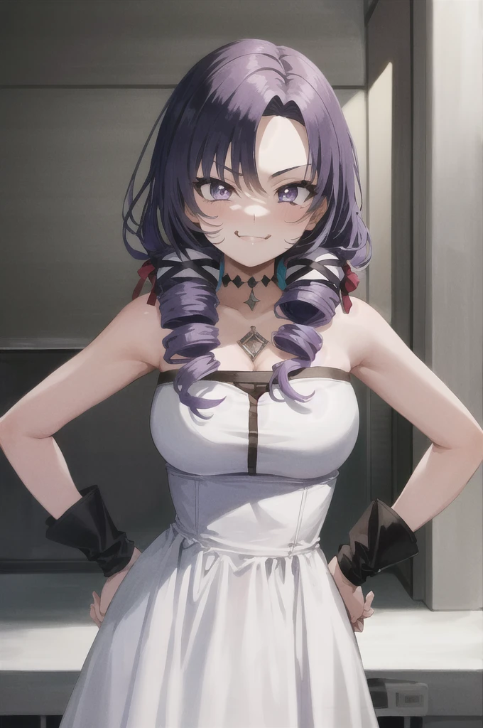 全nakedで,masterpiece,Highest quality,Very detailed,Super detailed,Very detailed,Beautiful Eyes,(Beautiful Hair:Silver Hair 1.5),Beautiful Face,Beautiful Skin,Perfect Anatomy,High resolution,超High resolution,Large Breasts,Drill Hair,Parted bangs,ribbon,Purple eyes,naked,naked,Shaved pussy,pussy,((Smug face)),Hands on hips,city,Throw out your chest,indoor,(((Fascinating_smile))),(Tilt_return:0.8),