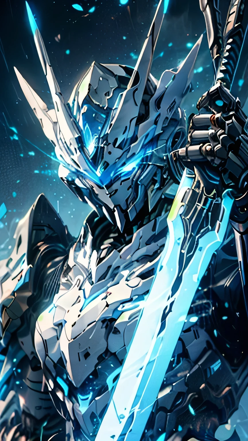 A robot made of white and blue and equipped with a great sword with blue glowing eyes.