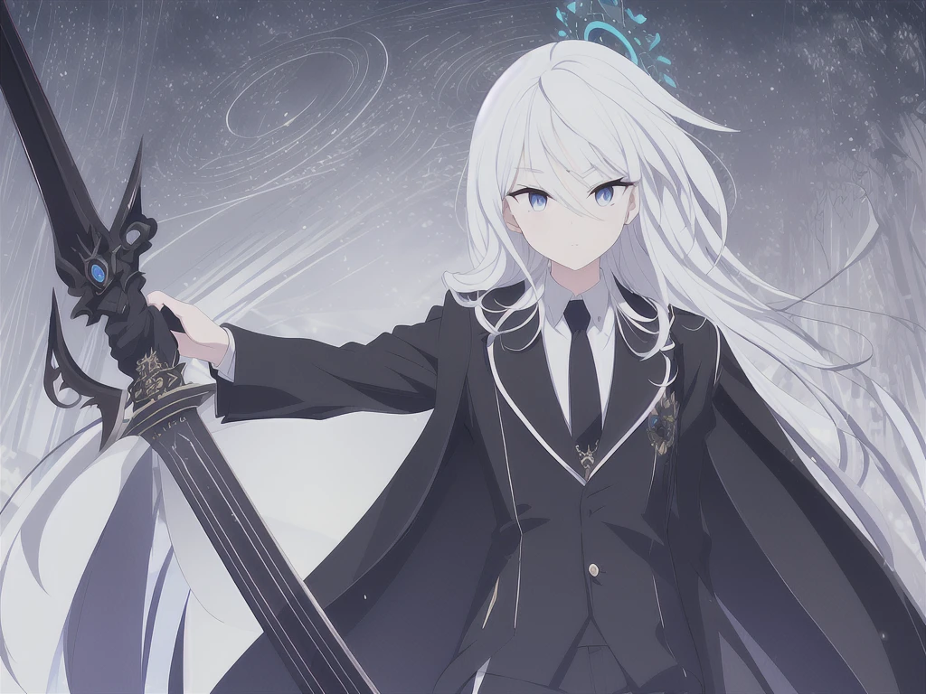 (Highest quality), (High resolution), (masterpiece), (Super detailed), (Highest quality), (High resolution), (masterpiece), (Super detailed), (Bright saturation), Thigh-length hair, White Hair, Heterogeneous eyes: purple left eye and blue right eye, Blue Archive Art Style, One girl, Swinging a black sword in his right hand, Left hand in pocket,  girl, (Black long coat, White shirt, Black tie, Black trousers, suit, Black halo) whole body, Countless swords of light are stuck in the ground., Magic circle in the background, Expressionless, Vivid saturation