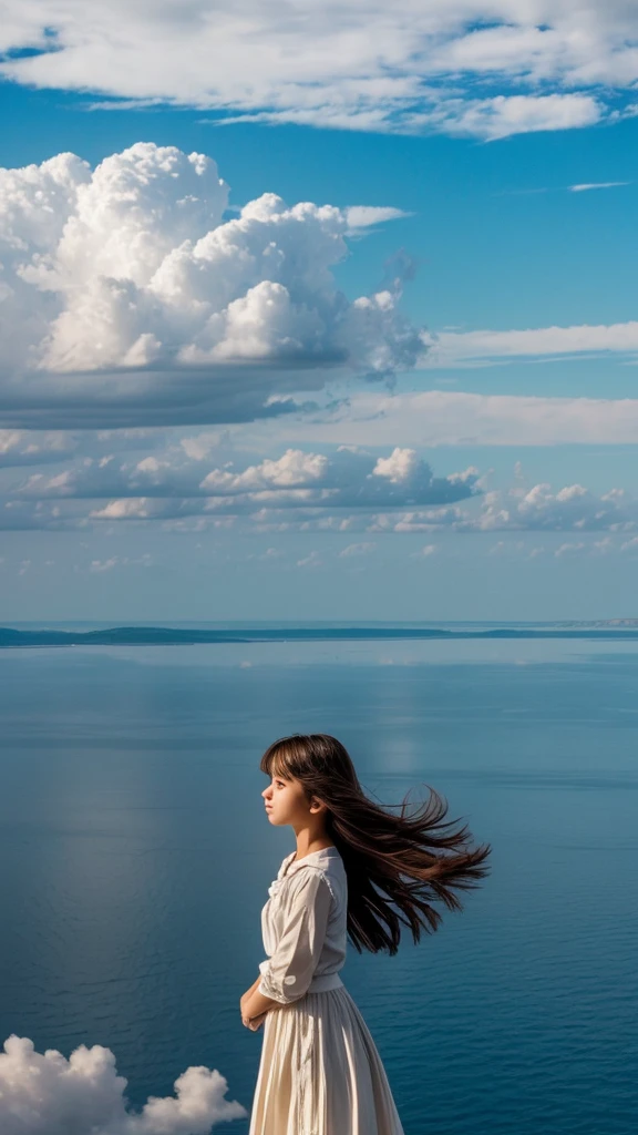 “A vast, expansive sky stretches out with wide, billowing clouds. Beneath this majestic sky, a young girl stands alone. She looks small against the grandeur of the sky, her figure drawn in an anime style. Her hair gently sways in the breeze, and her eyes reflect a mixture of wonder and contemplation as she gazes at the horizon. The scene captures a moment of serene solitude and introspection.”