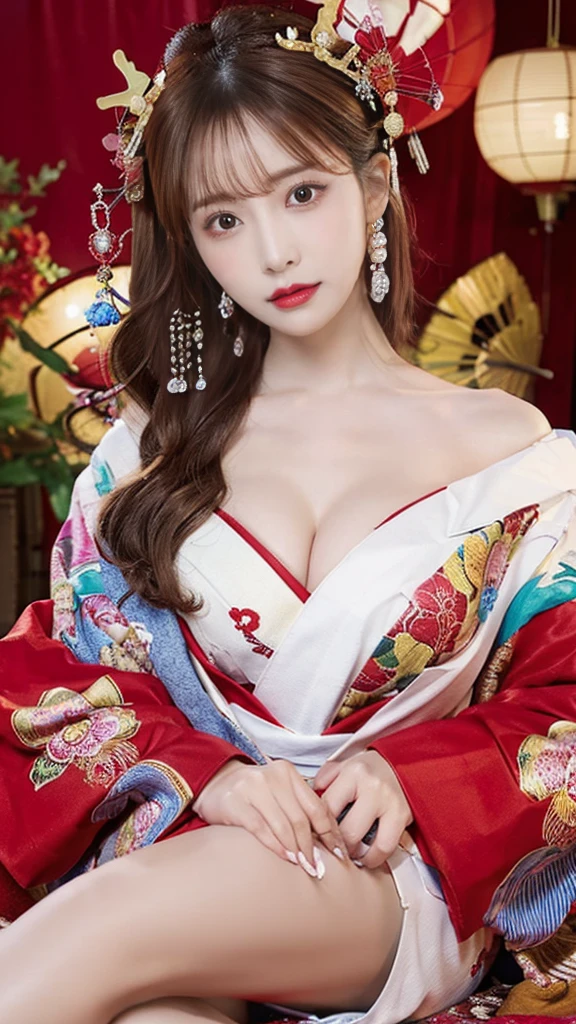 top-quality、Top image quality、​masterpiece、fully body photo、25 years old women, governess、Dark brown wavy middle hair、bangss、((Red kimono、golden embroidery))、 ((no-bra、Puffy nipple、White lace panties))、soft boob、breasts of medium size,、Kamimei、 Shy laughter、luxury hotel room、lyin in bed、Sleep on your back、((Grasp your breasts with both hands over your clothes、Touching the crotch))