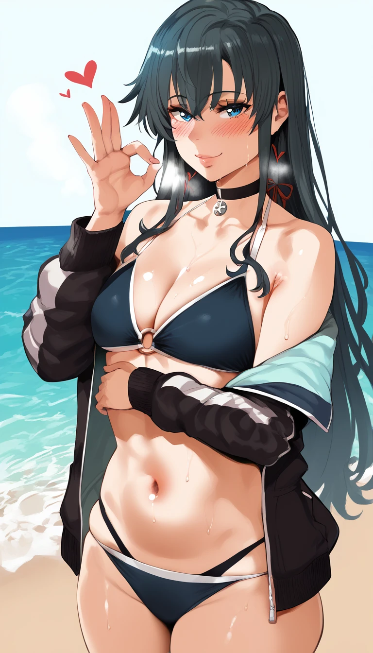 core_9, score_8_up, score_7_up, score_6_up, uncensored, Yukinoshita Yukino, black hair, long hair, blue eyes, naughty face, shiny skin, sweating, BREAK (masterpiece:1.2), best quality, high resolution, unity 8k wallpaper, (illustration:0.8), (detailed eyes:1.3), perfect lighting, extremely detailed CG, (perfect hands, perfect anatomy), hearts, pleasured, small breasts, belly, swimsuit, jacket, red_jacket, bikini, o-ring, sky, choker, thigh_gap, outdoors, day, collarbone, multi-strapped_bikini, bare_shoulders, open_jacket, off_shoulder, cowboy_shot, black_choker, ocean, cleavage, skindentation, beach, track_jacket, steaming face, steaming, BREAK, standing, arm under breasts, fellatio gesture,