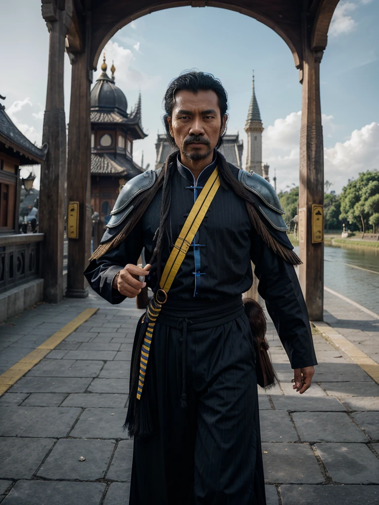 Futuristic Indonesian man aged 40 years, medium hair, wearing black and blue striped fantasy warrior robes, black drawstring trousers with yellow stripes, carrying an eagle on his shoulder, background of classic palace and old wooden bridge, realistic UHD 8K