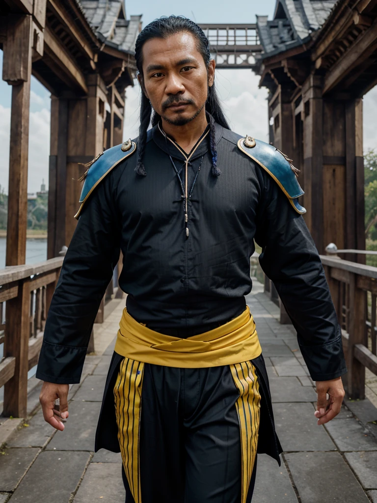 Futuristic Indonesian man aged 40 years, medium hair, wearing black and blue striped fantasy warrior robes, black drawstring trousers with yellow stripes, carrying an eagle on his shoulder, background of classic palace and old wooden bridge, realistic UHD 8K