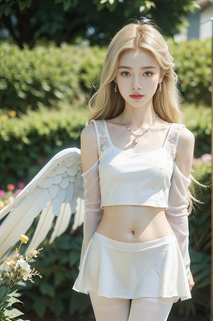 (((best quality))), (((ultra detailed))), (((masterpiece))), illustration,((1 beautiful little girl,solo,angel)),((fair skin,shoulder length straight blonde hair,blue eyes)),(earrings,crystal necklace),((slim,thin,small breasts,flat chest)),joyful expression,(white wings:1.3),(flowing short-sleeved white sheer dress:1.3),((In heaven, garden setting)), vibrant flowers,(colorful flowers:1.3),lush grass, gentle breeze, (clear sky, fluffy clouds, shining sun),((navel)),((from front,standing,upper body,arms behind back)),((pantyhose))