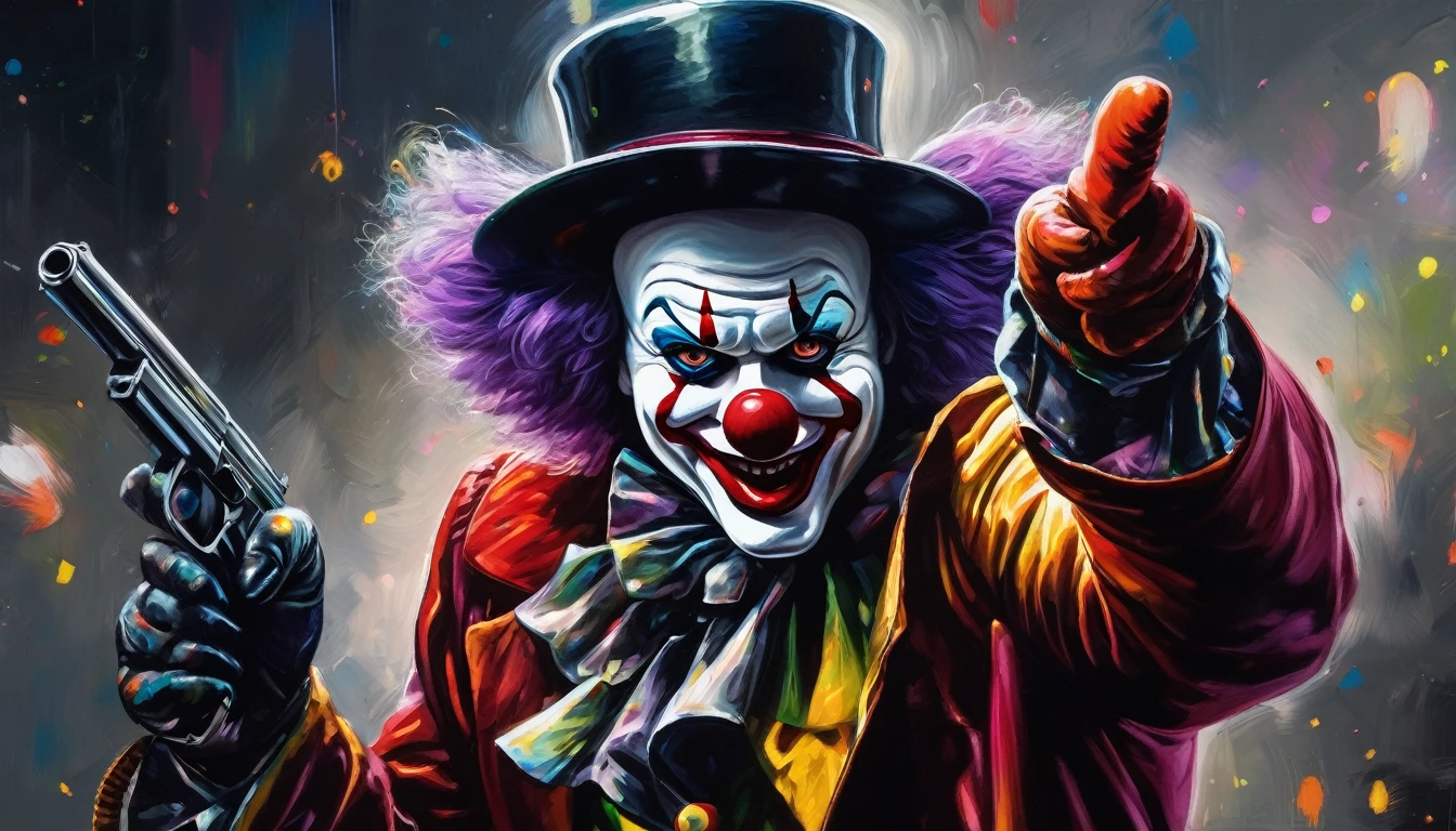 An impactful painting of a clown pointing a gun at the camera。Very nicely drawn。, 8K, sharp, Professional, clear, High Contrast, High saturation, , Vivid deep black, crystal clear