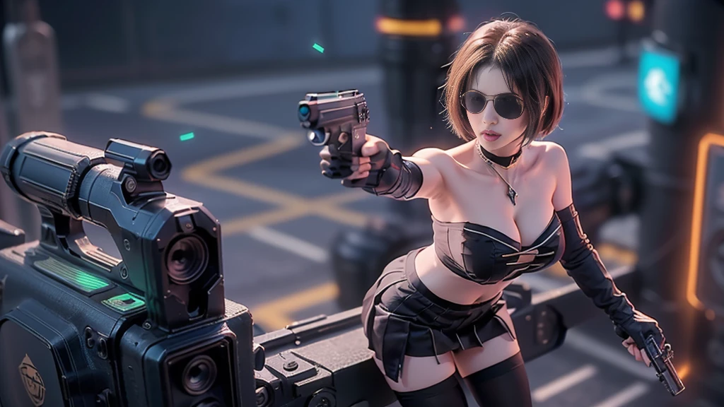 (aerial view). at night, futuristic sci-fi cyberpunk city, broad viaduct, skyscrapers at the end of the viaduct, the movie "13th Floor" style, hq. Matrix style, at night, (1girl, solo), photo realistic, (large-breast:1.2 slim body, cleavage:1.3), (((tube top, extreamly short pleated (((miniskirt))) exposing panty))), (((((matrix style black sunglasses))))), (((((aiming at camera with a (pistol)))))), (((half-body (thigh level) medium shot))), (cinematic lighting).